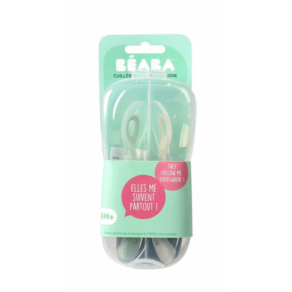 Beaba Ergonomic 2nd Age Ergonomic Silicone Spoon, 2pk - Grey/Sage Green - Pupsik Singapore