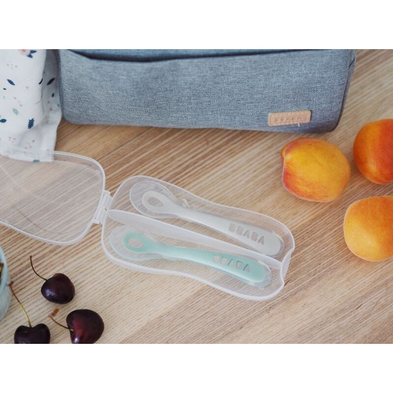 Beaba Ergonomic 2nd Age Ergonomic Silicone Spoon, 2pk - Grey/Sage Green - Pupsik Singapore