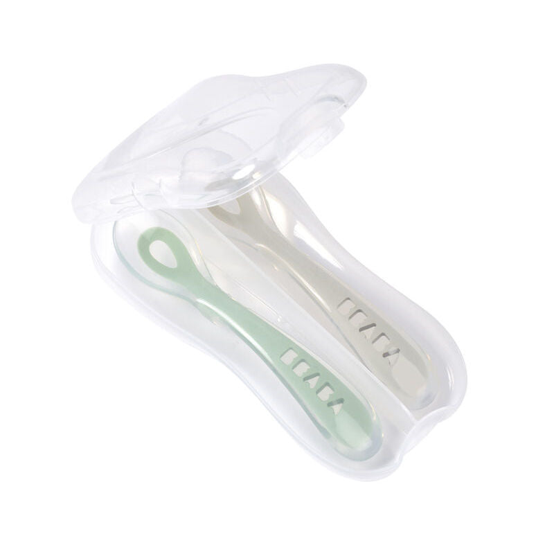 Beaba Ergonomic 2nd Age Ergonomic Silicone Spoon, 2pk - Grey/Sage Green - Pupsik Singapore