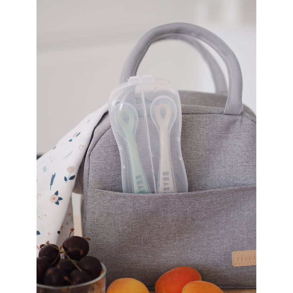 Beaba Ergonomic 2nd Age Ergonomic Silicone Spoon, 2pk - Grey/Sage Green - Pupsik Singapore