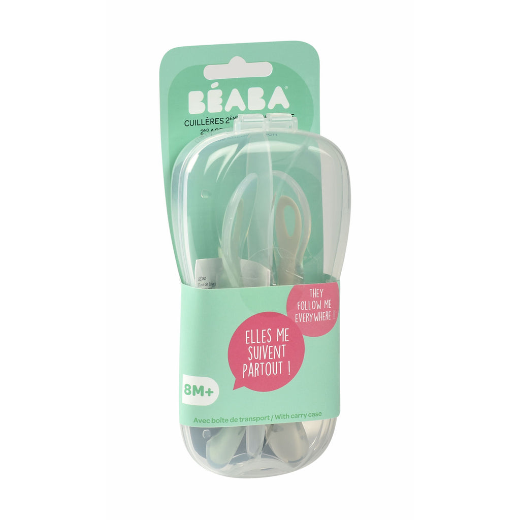 Beaba Ergonomic 2nd Age Ergonomic Silicone Spoon, 2pk - Grey/Sage Green