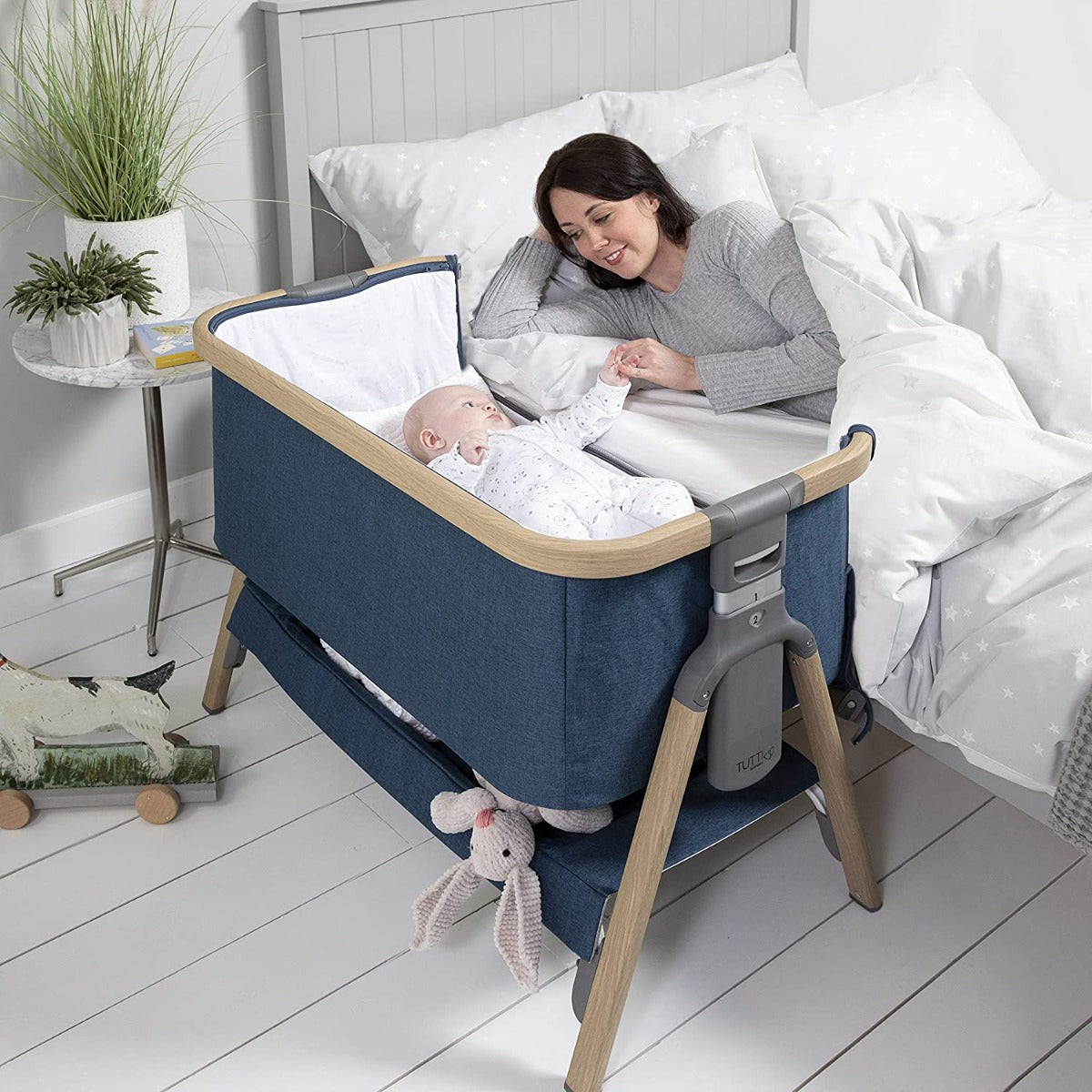 Tutti Bambini CoZee Bedside Co-Sleeper Crib - Oak & Midnight Blue