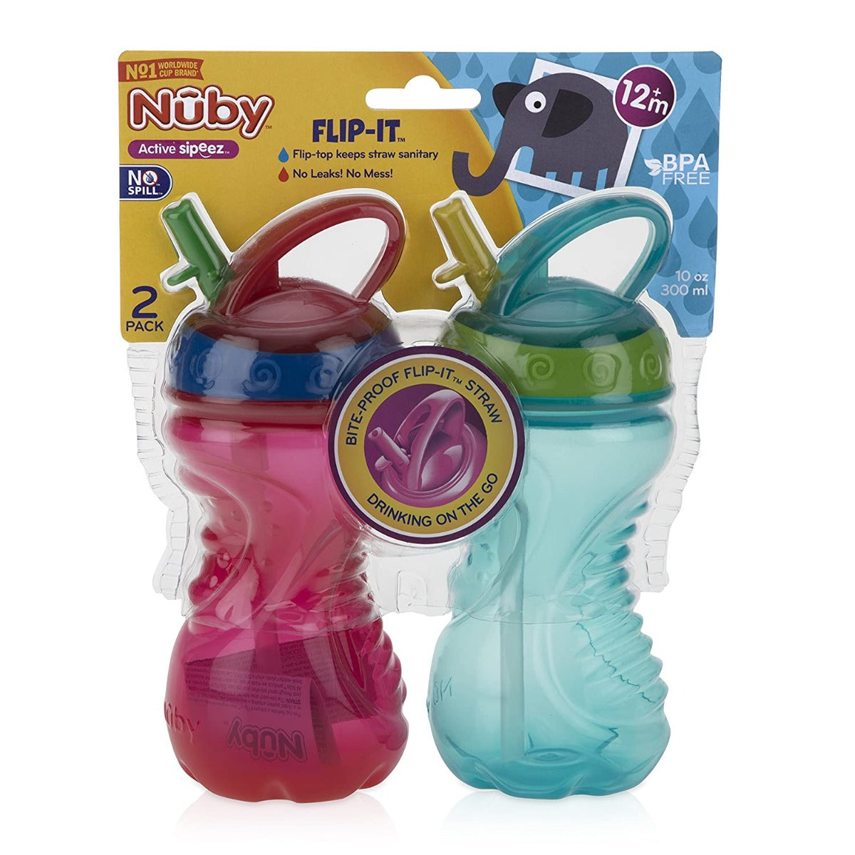 Nuby No-Spill Flip-It Straw Bottle, 10oz (2pk) - Assorted Colours