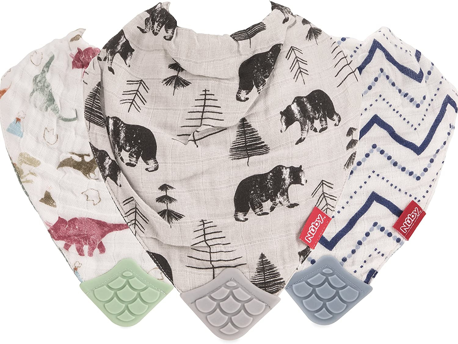 Nuby Muslin Bandana Bib w/ Teether, 3pk (3 Designs)