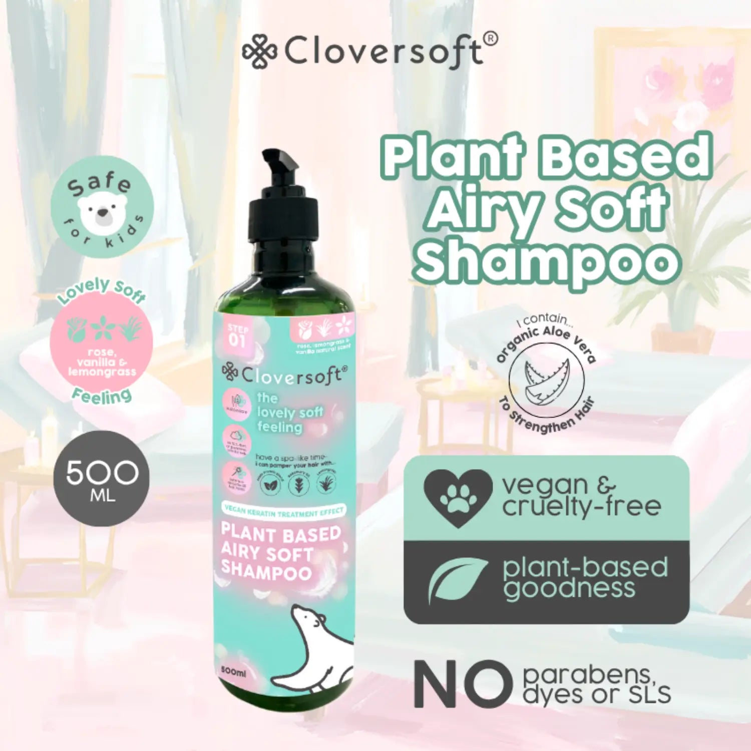 Cloversoft Plant-Based Airy Soft Hair Shampoo, 500ml - Rose, Vanilla & Lemongrass (Exp 12/28) - Pupsik Singapore