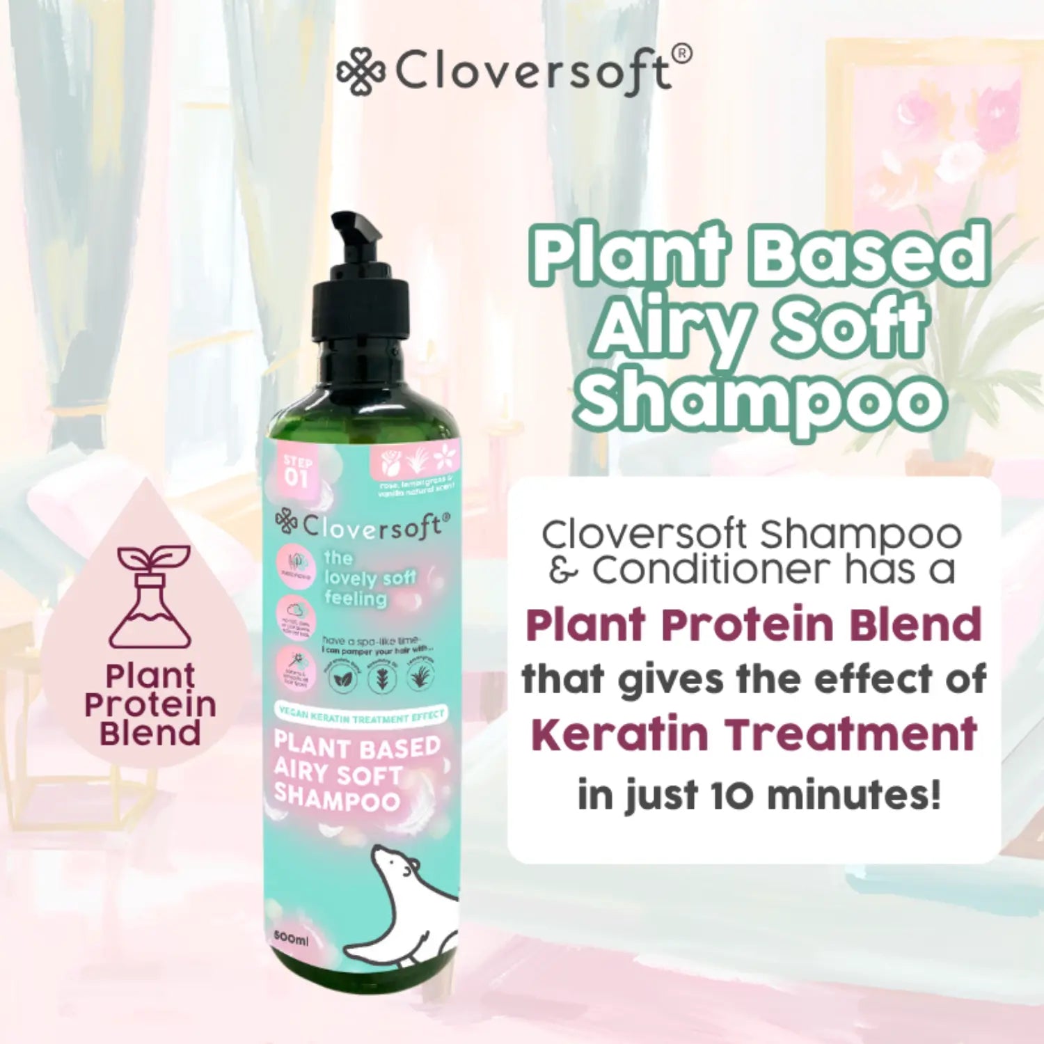 Cloversoft Plant-Based Airy Soft Hair Shampoo, 500ml - Rose, Vanilla & Lemongrass (Exp 12/28)