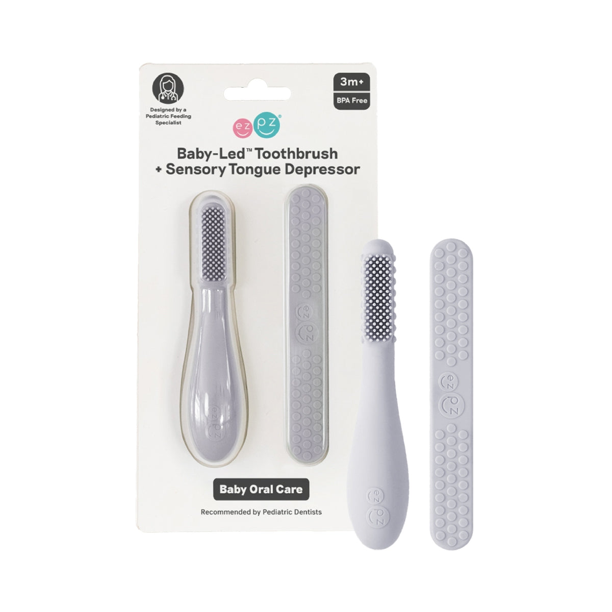 EzPz Baby-Led Toothbrush + Tongue Depressor, Dual Pack (4 Colors)