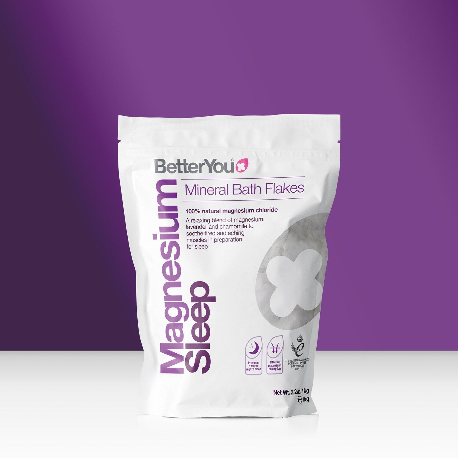 BetterYou Magnesium Sleep Mineral Bath Flakes 1kg product image on purple background