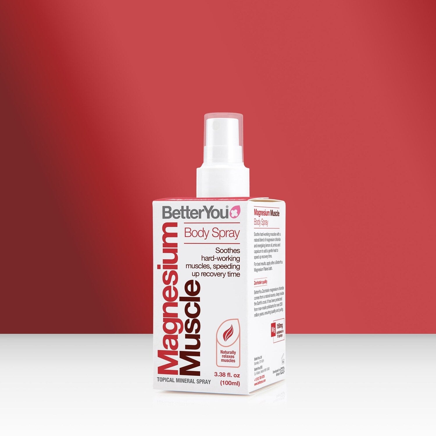 BetterYou Magnesium Oil Muscle Spray 100ml on red background