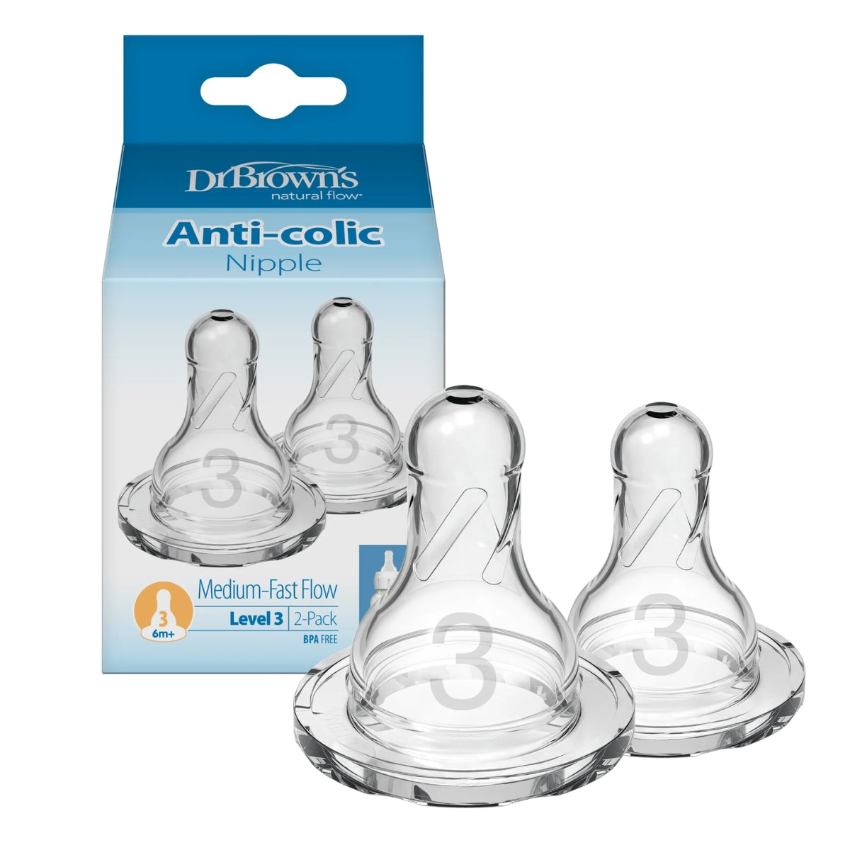 Dr. Brown's Natural Flow Narrow-Neck Teats 2/6pk (6 Sizes) | Silicone Nipples