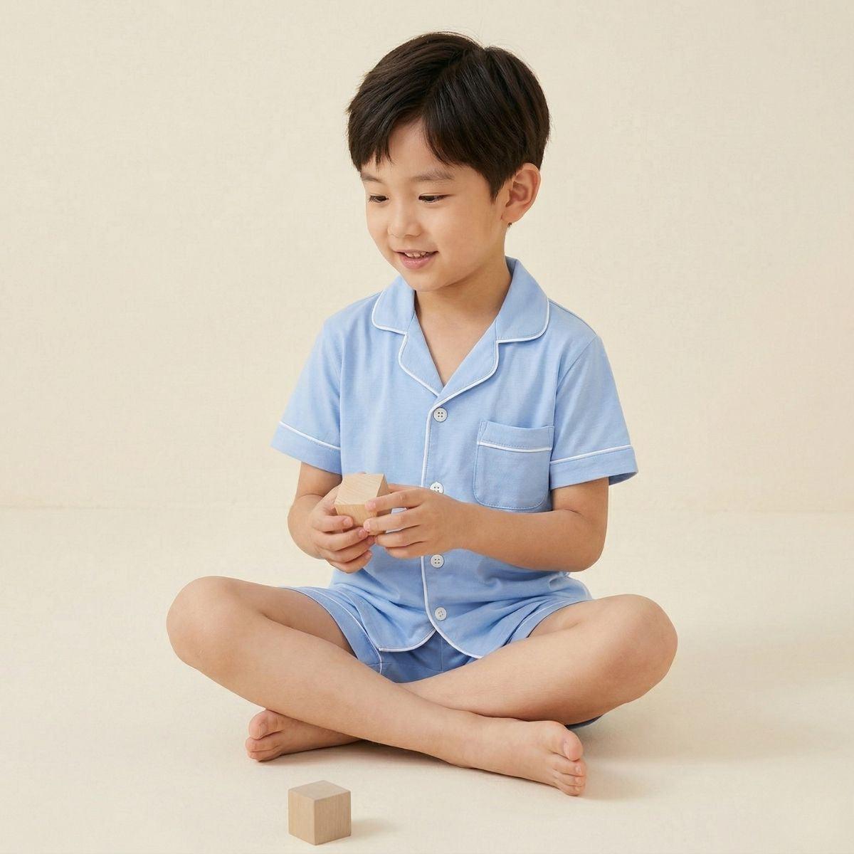 MPJ Kids Alaise Bamboo Pyjamas Short Set– Sky Blue (5 Sizes) - Pupsik Singapore