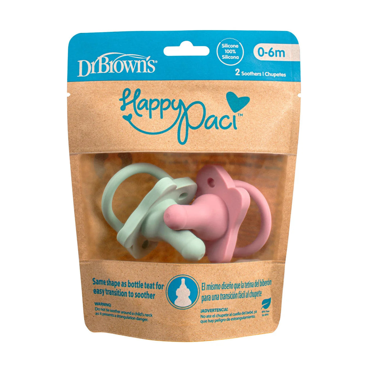 Dr. Brown's HappyPaci Silicone One-Piece Soother, 2pk (0-6m) - 2 Colors