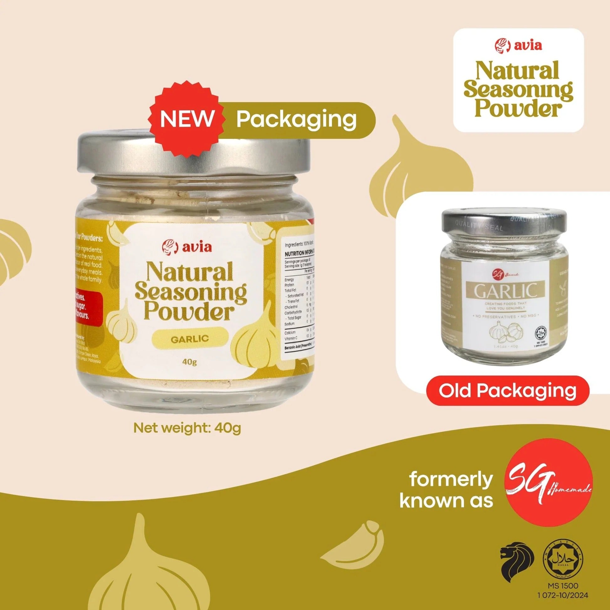 AVIA Garlic Natural Seasoning Powder, 40g (Exp 01/28) | SG Homemade