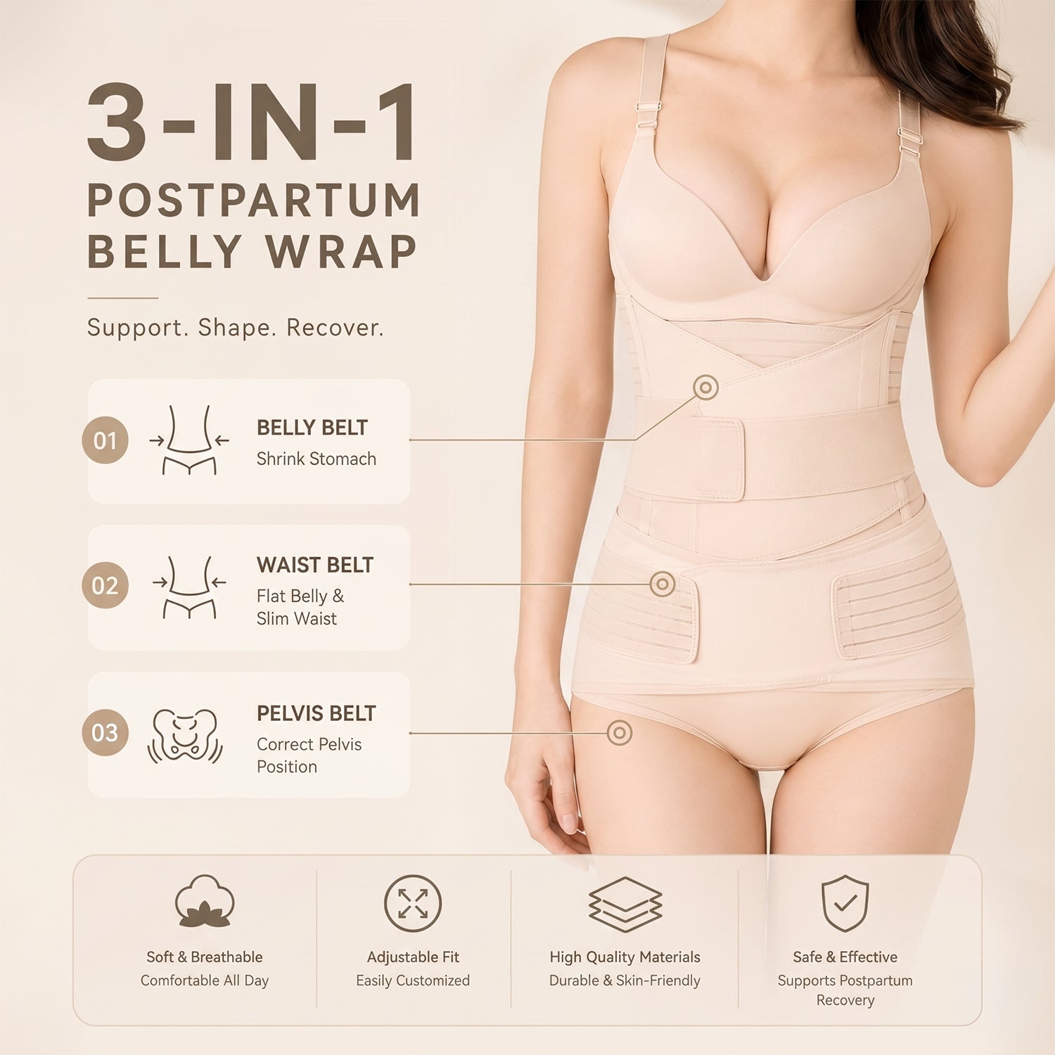 Pupsik 3-in-1 Postpartum Belly Wrap - Nude (3 Sizes)