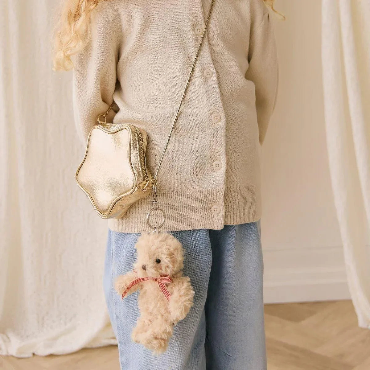 Snuggle Bunnies Arthur The Bear with Red Stripe Ribbon Bow Keyring - Pupsik Singapore