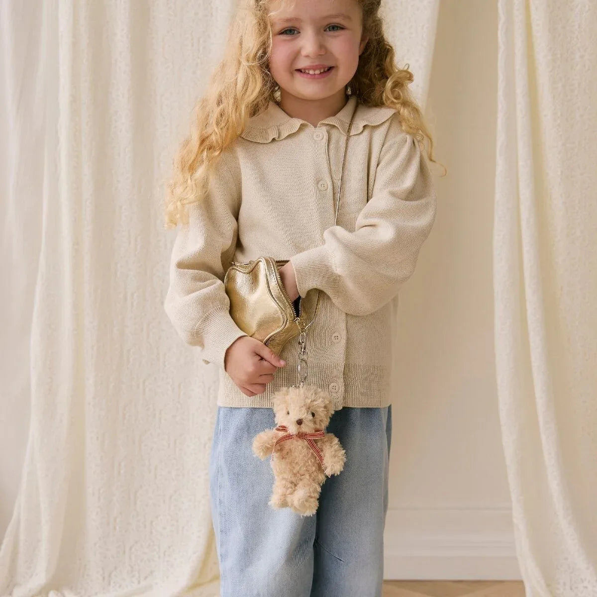 Snuggle Bunnies Arthur The Bear with Red Stripe Ribbon Bow Keyring - Pupsik Singapore