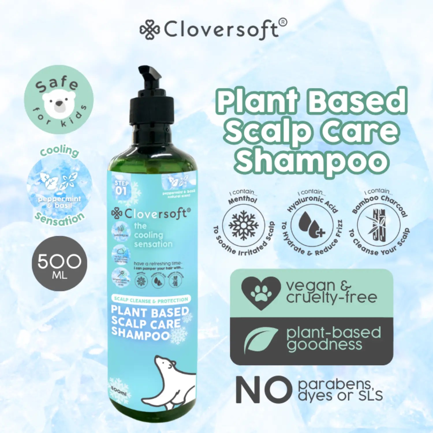 Cloversoft Plant-Based Scalp Care Hair Shampoo, 500ml - Peppermint & Basilic Fraise (Exp 12/28) - Pupsik Singapore