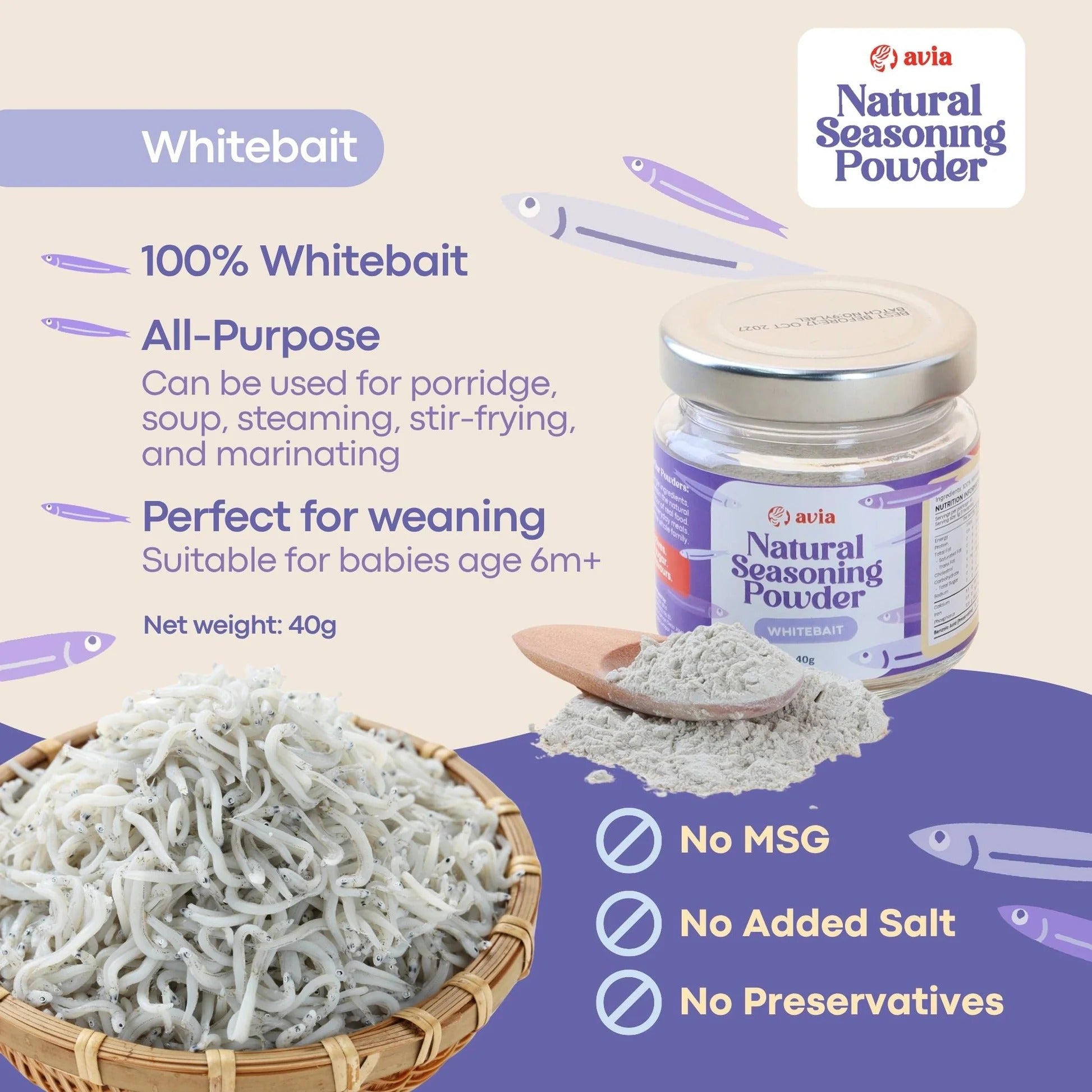 AVIA Whitebait Natural Seasoning Powder, 40g (Exp 01/28) | SG Homemade