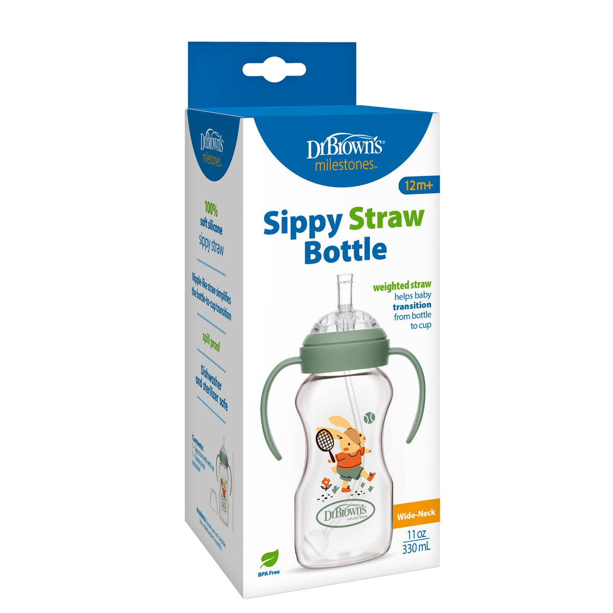 Dr. Brown's Wide-Neck Sippy Straw Bottle, 110z/330ml | 12M+