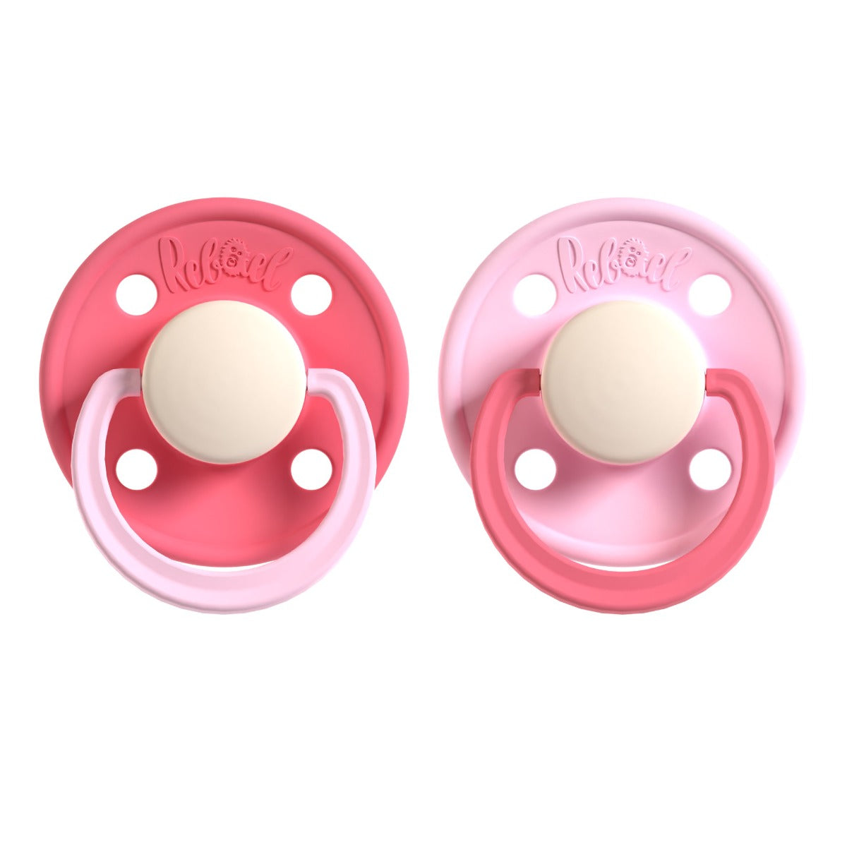 Rabael Duo Natural Rubber Round Pacifiers, 2pk - Hot Pearly Flamingo/Rising Pearly Lobster