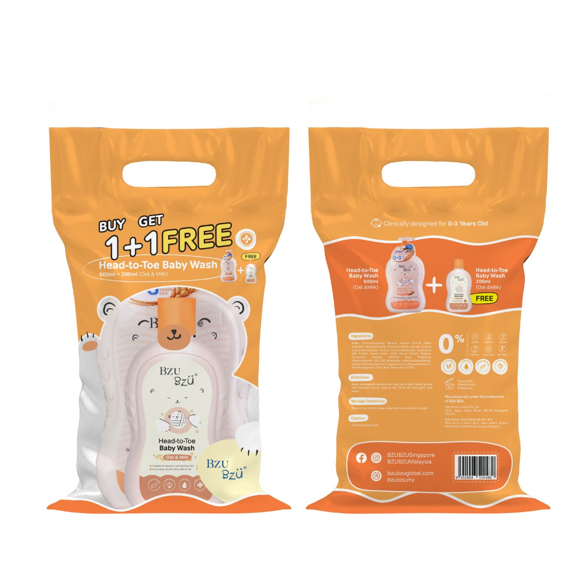 [Bundle] BZU BZU Head to Toe Baby Wash and Shampoo Oat & Milk, 600ml + 200ml (Exp 10/27)