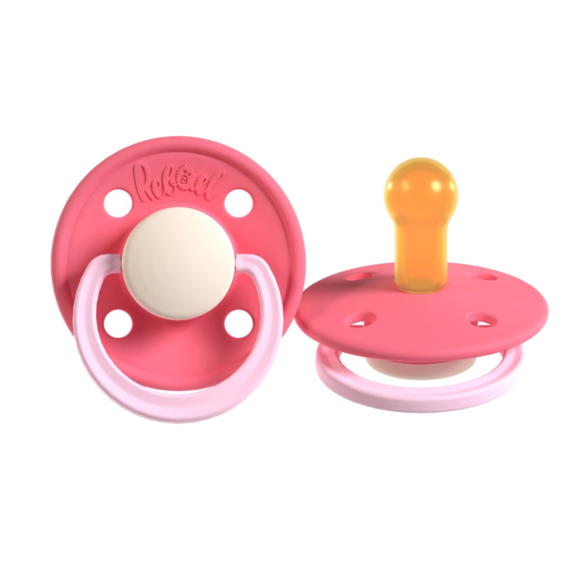 Rabael Duo Natural Rubber Round Pacifiers, 2pk - Hot Pearly Flamingo/Rising Pearly Lobster