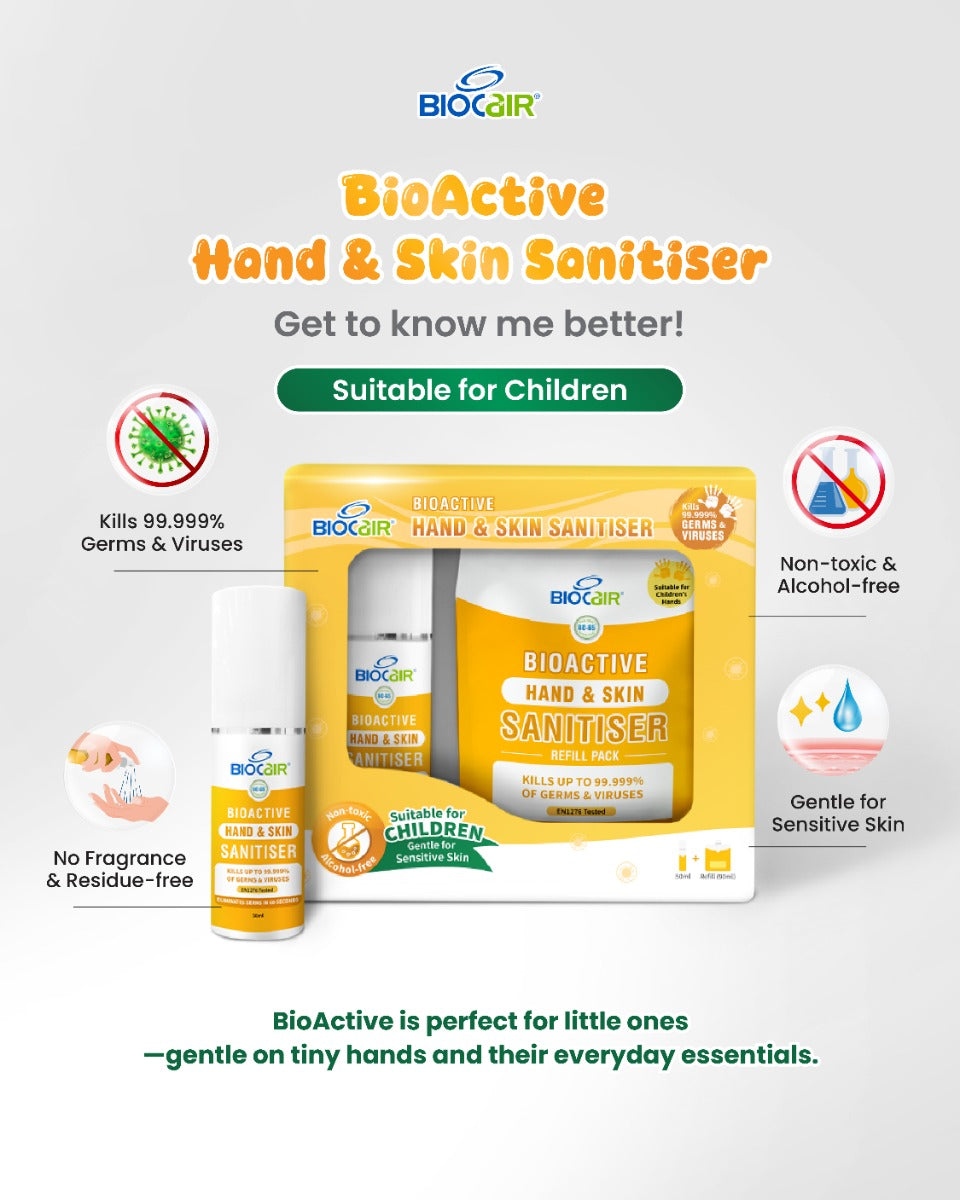 BioCair BioActive Hand & Skin Sanitiser Set, 50ml + 90ml Refill (Exp 06/26)