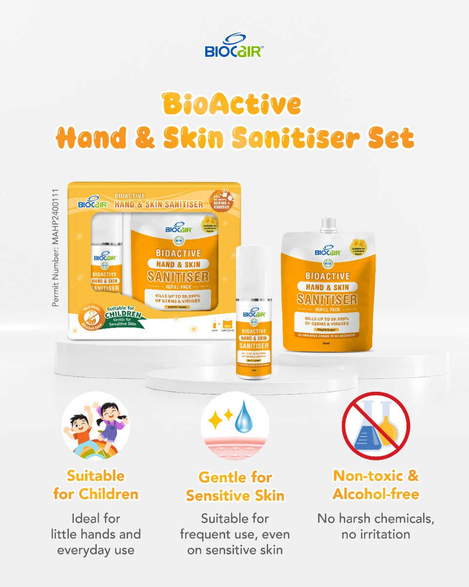 BioCair BioActive Hand & Skin Sanitiser Set, 50ml + 90ml Refill (Exp 06/26)