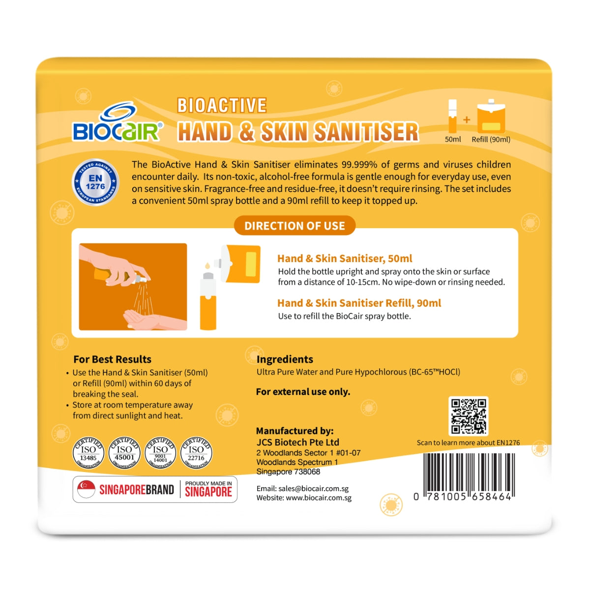 BioCair BioActive Hand & Skin Sanitiser Set, 50ml + 90ml Refill (Exp 06/26)