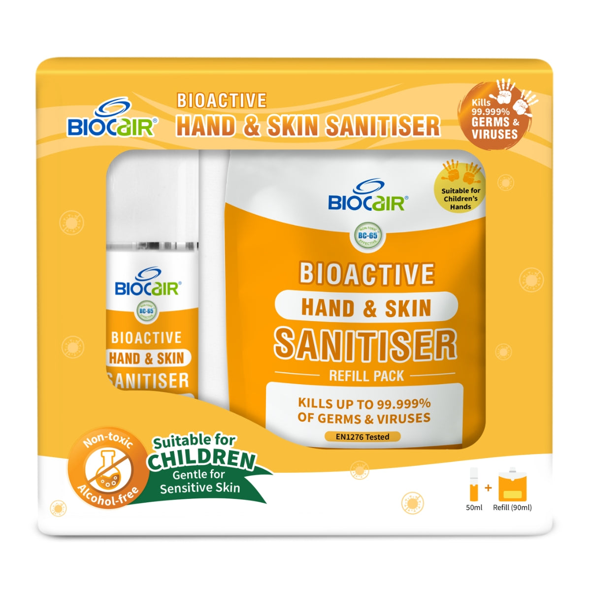 BioCair BioActive Hand & Skin Sanitiser Set, 50ml + 90ml Refill (Exp 06/26)