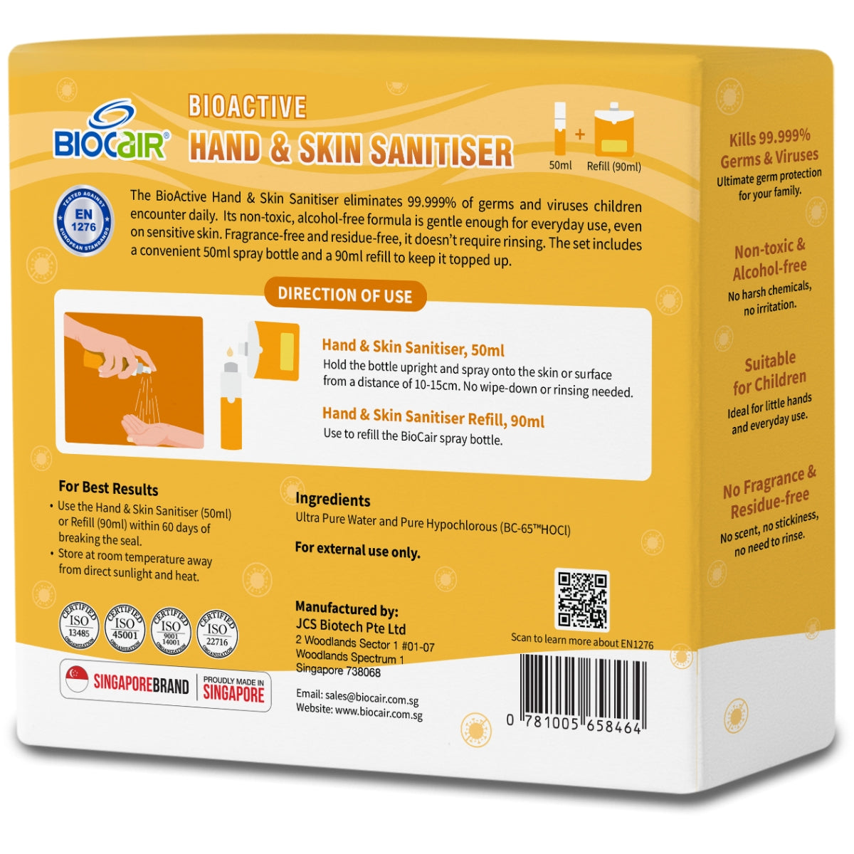 BioCair BioActive Hand & Skin Sanitiser Set, 50ml + 90ml Refill (Exp 06/26)