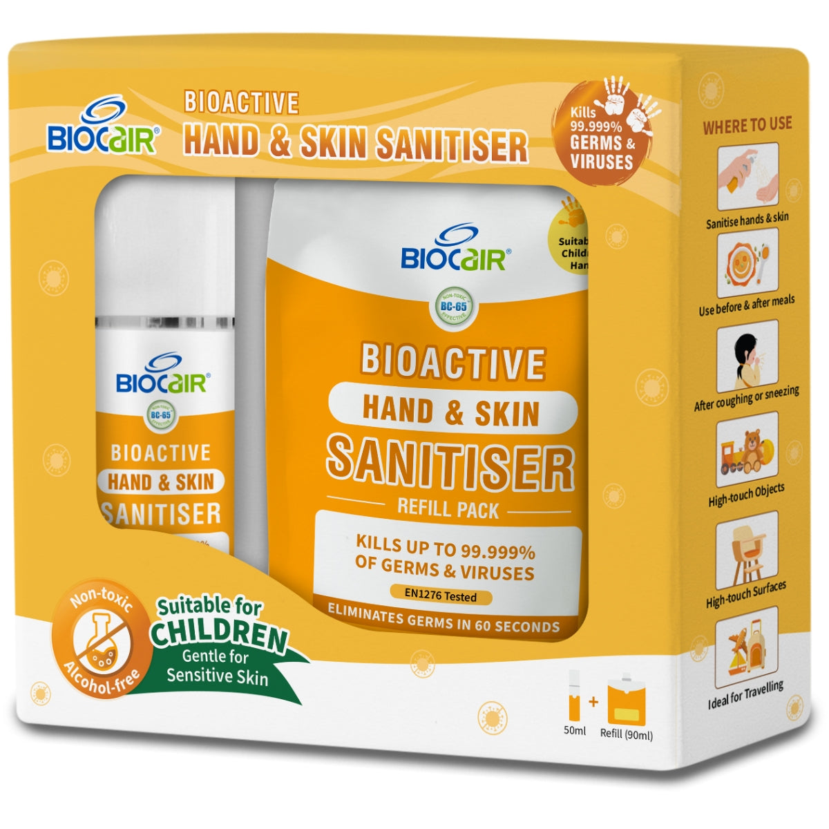 BioCair BioActive Hand & Skin Sanitiser Set, 50ml + 90ml Refill (Exp 06/26)