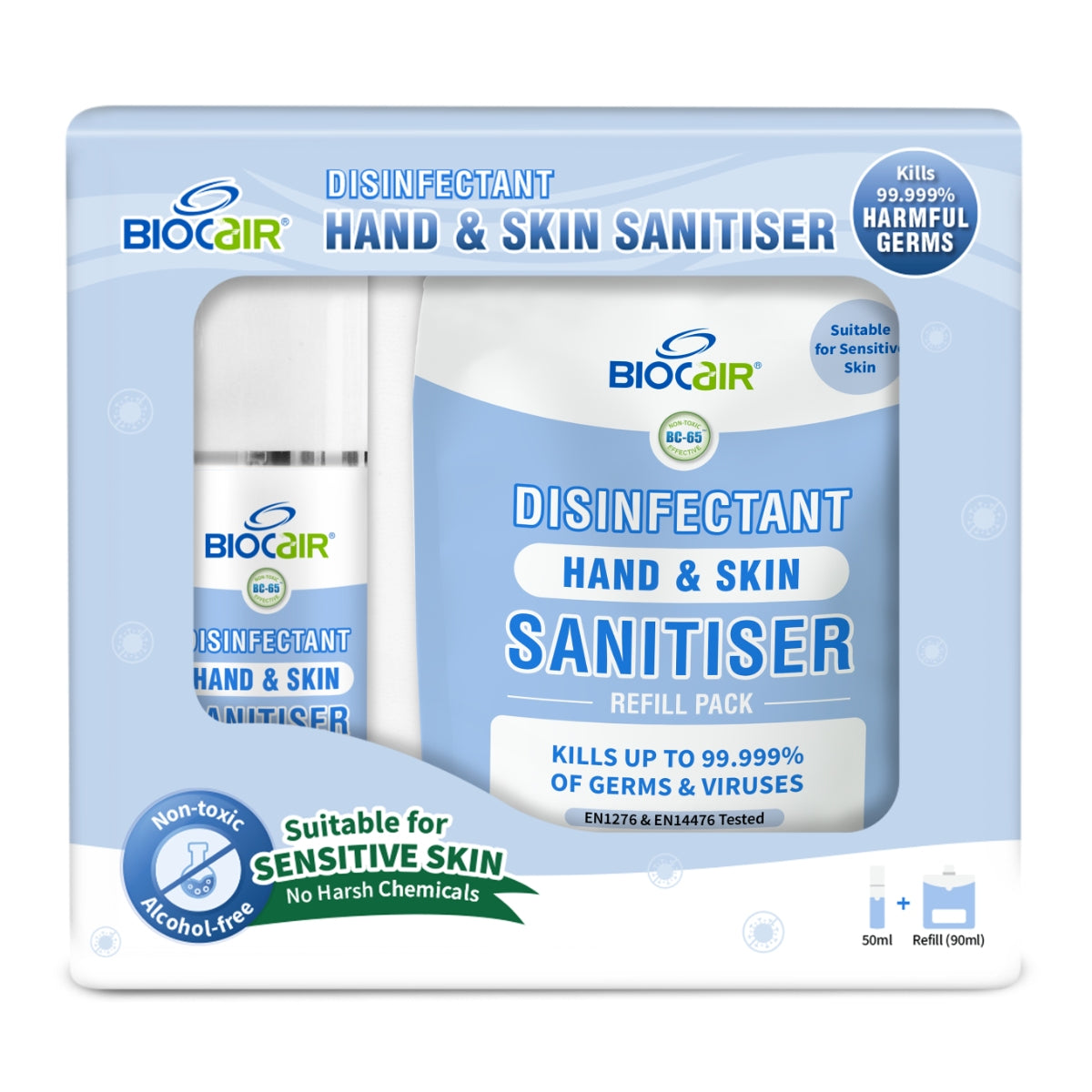 BioCair Disinfectant Hand & Skin Sanitiser Set, 50ml + 90ml Refill (Exp 05/26)