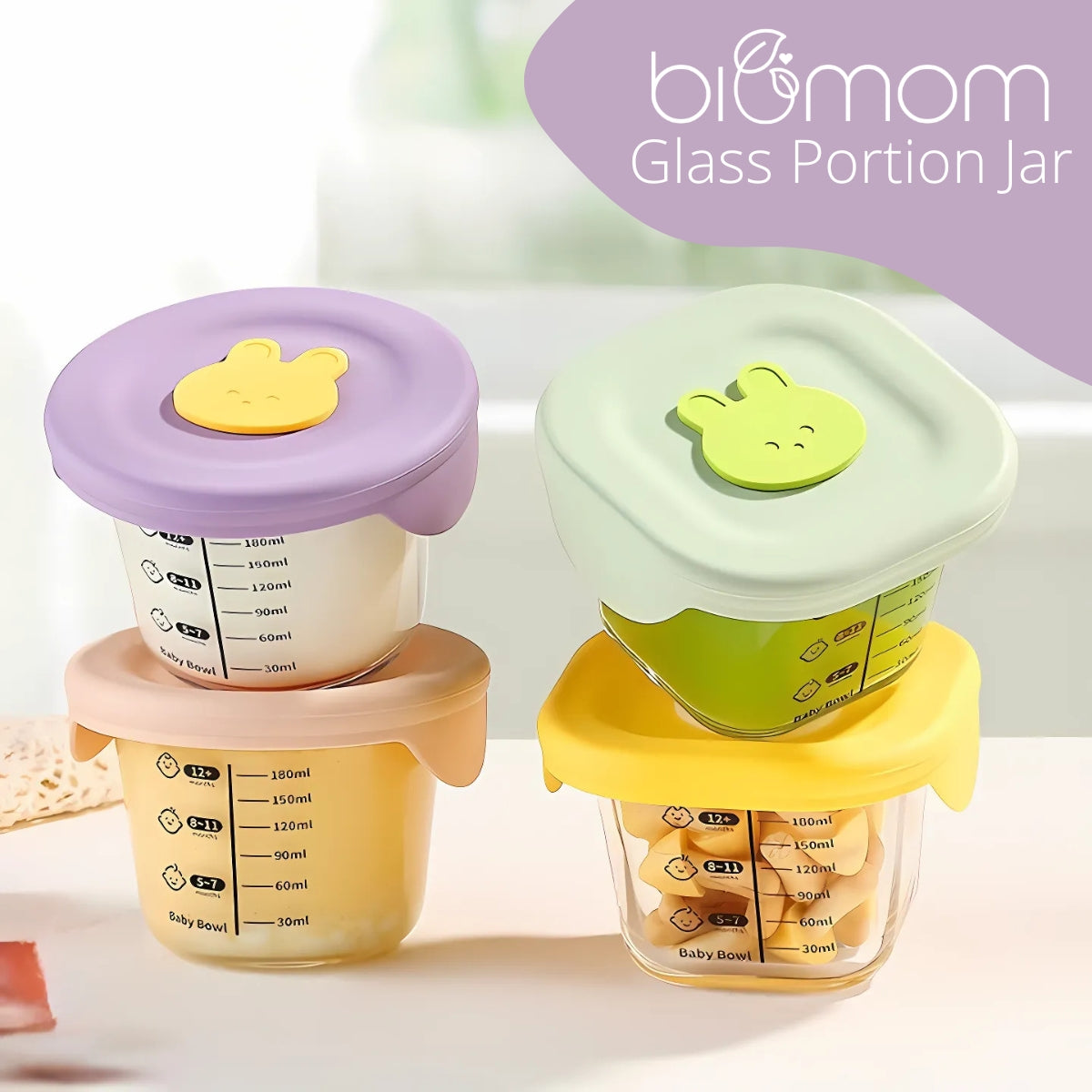 Biomom Bunny Glass Portion Food Jar with Lid, 180ml x 2pk (2 Colors)