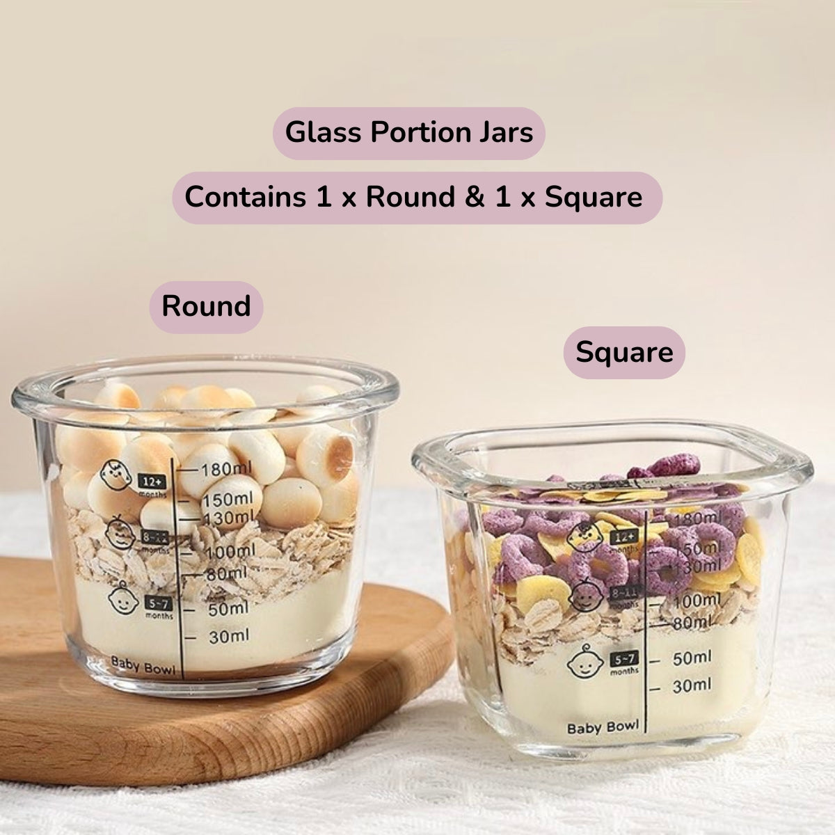 Biomom Bunny Glass Portion Food Jar with Lid, 180ml x 2pk (2 Colors)
