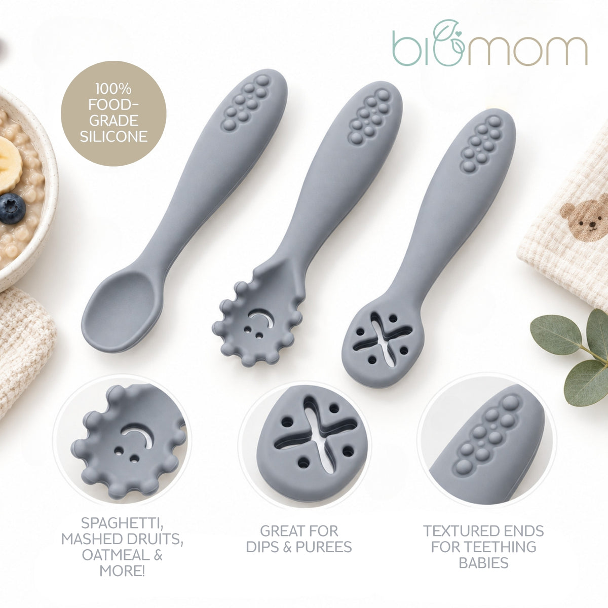 Biomom Self-Feeding Pre-Spoons, 3pk (5 Colours)