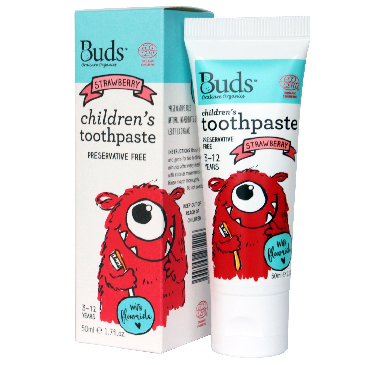 Buds Organics Children's Toothpaste with Flouride - Strawberry, 50ml - exp 11/27