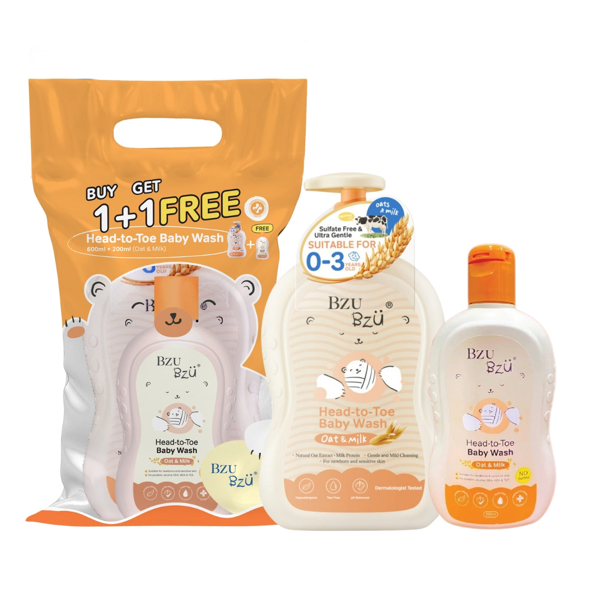 [Bundle] BZU BZU Head to Toe Baby Wash and Shampoo Oat & Milk, 600ml + 200ml (Exp 10/27)