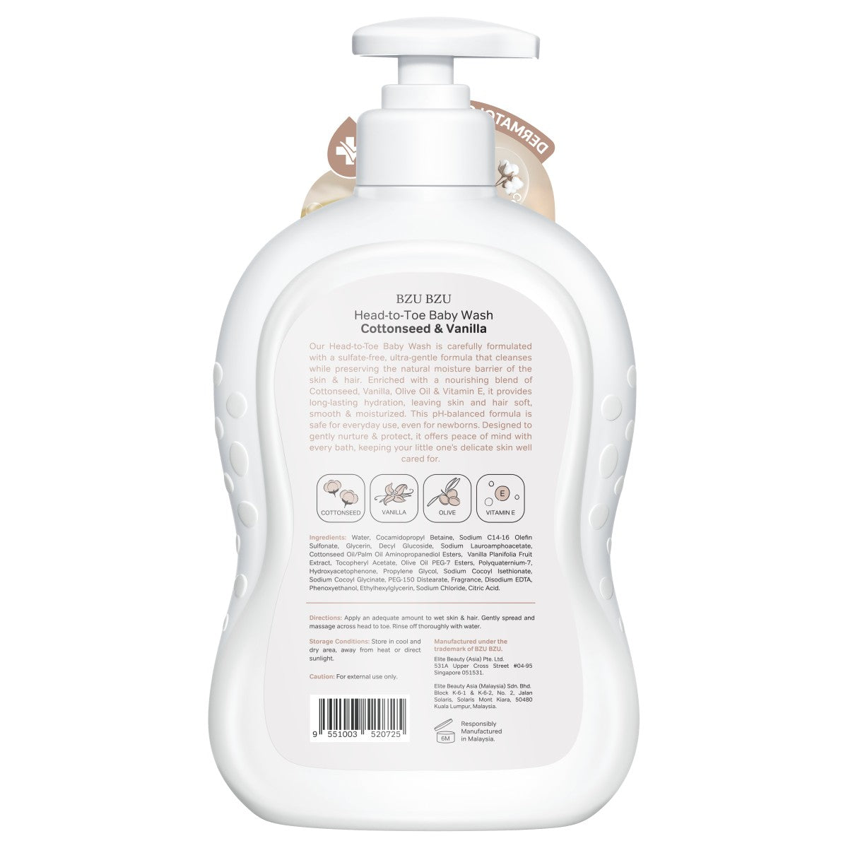 BZU BZU Head to Toe Baby Wash Cottonseed & Vanilla, 600ml (Exp 01/28)