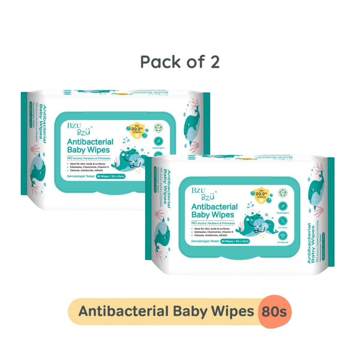 BZU BZU New Antibacterial Baby Wipes, 2 x 80s (Exp 08/27)