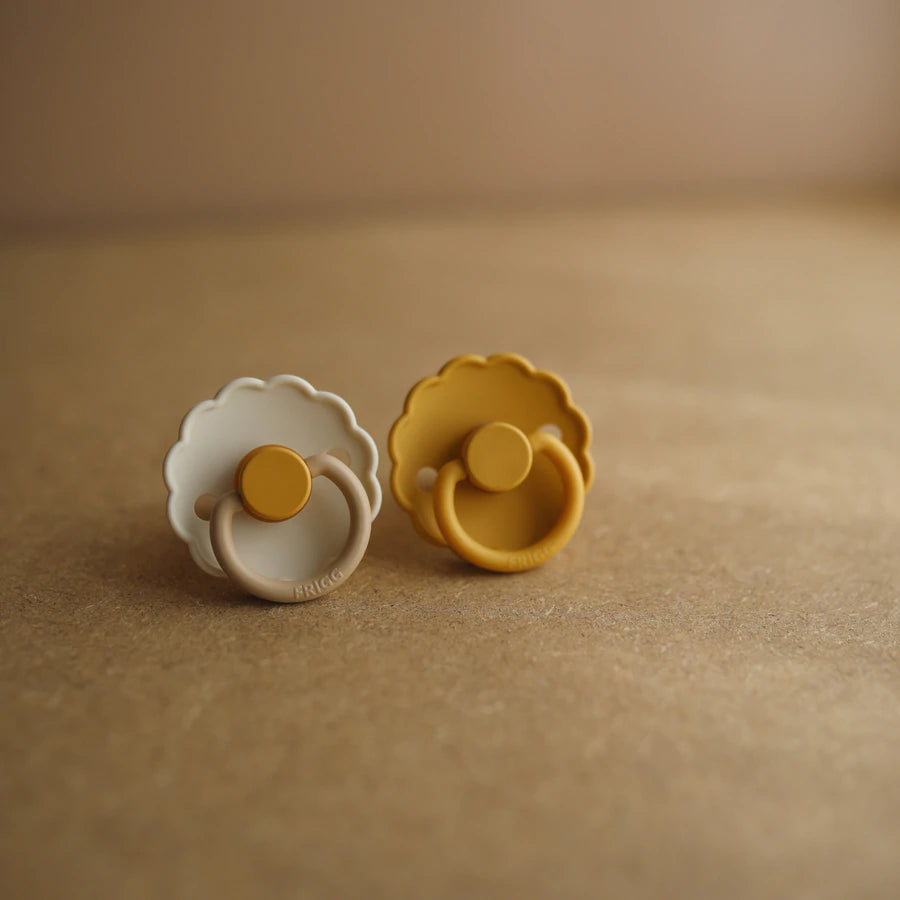 FRIGG Daisy Latex Baby Pacifiers, 2pk [Color Block + Original] – Chamomile/Honey Gold