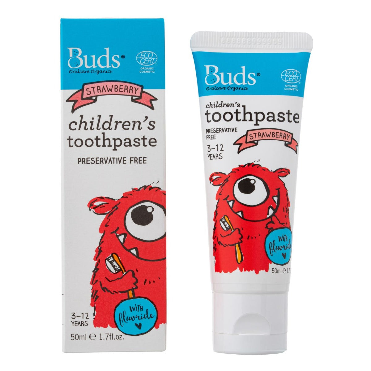 Buds Organics Children's Toothpaste with Flouride - Strawberry, 50ml - exp 11/27