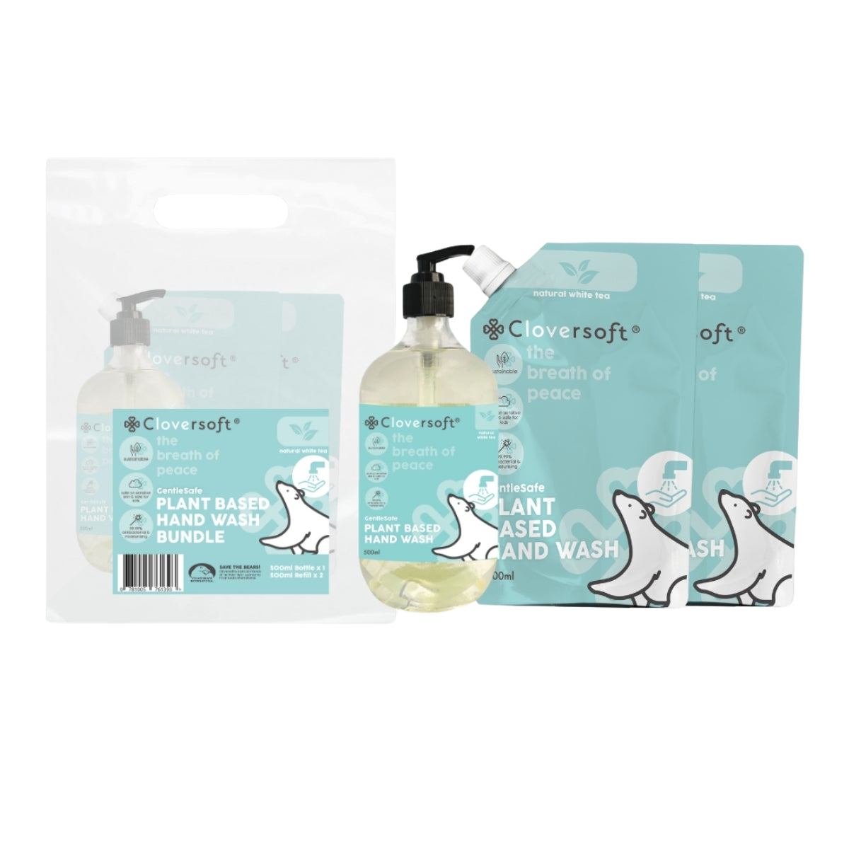 [Bundle] Cloversoft Plant-Based 99.99% Antibacterial Gel Hand Wash 500ml (White Tea) Bundle – 2 Refills + 1 Bottle (Exp 07/27)