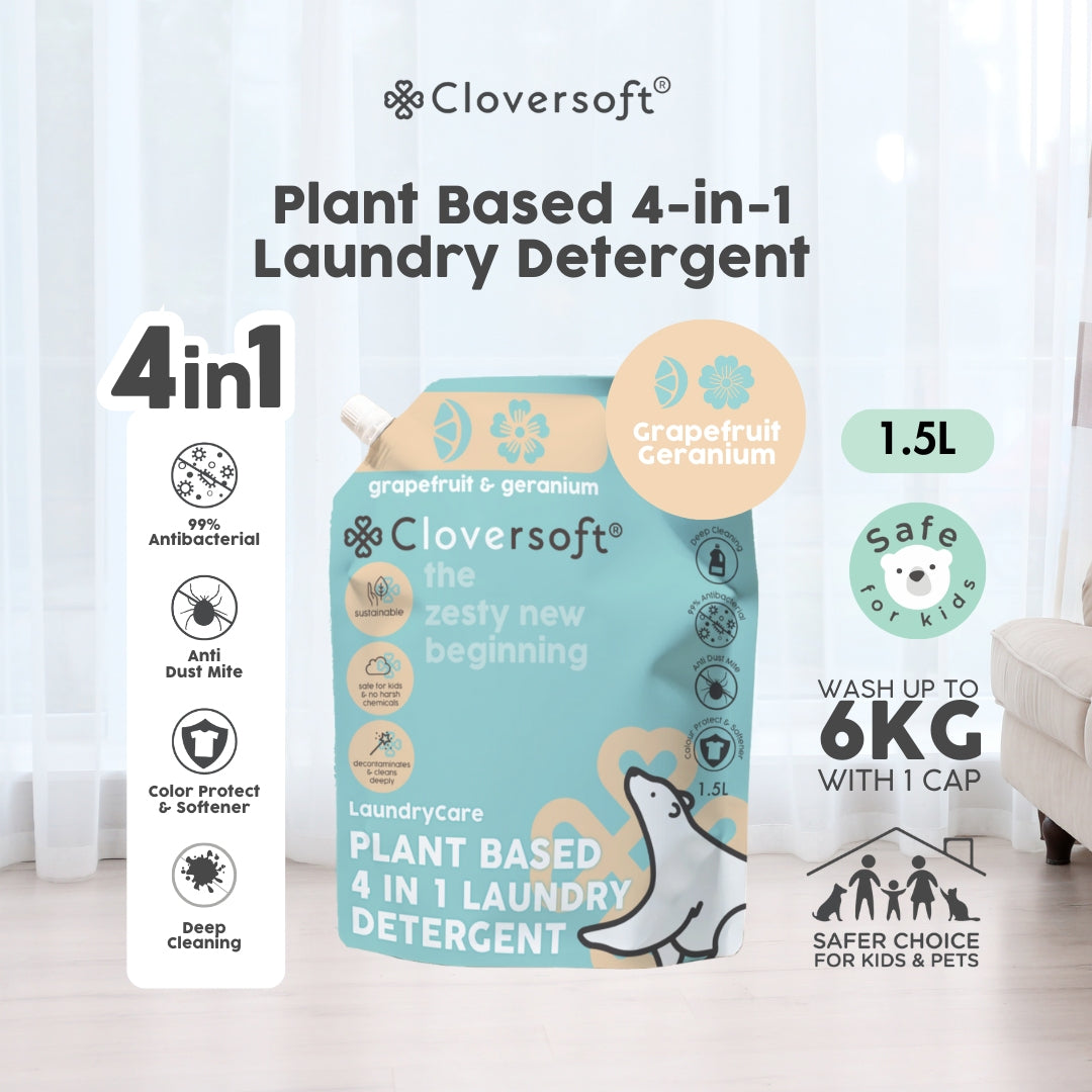 Cloversoft Plant-based 4-in-1 Laundry Detergent, 1.5L Refill Bag - Grapefruit & Granium (Exp 11/27)