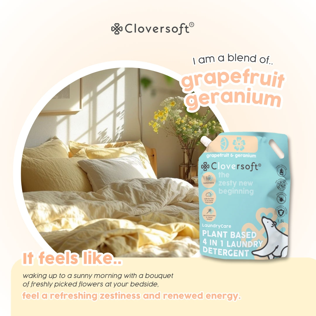 Cloversoft Plant-based 4-in-1 Laundry Detergent, 1.5L Refill Bag - Grapefruit & Granium (Exp 11/27)