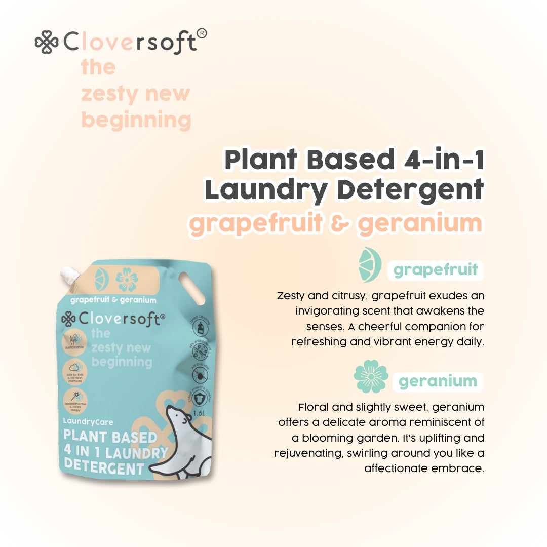 Cloversoft Plant-based 4-in-1 Laundry Detergent, 1.5L Refill Bag - Grapefruit & Granium (Exp 11/27)