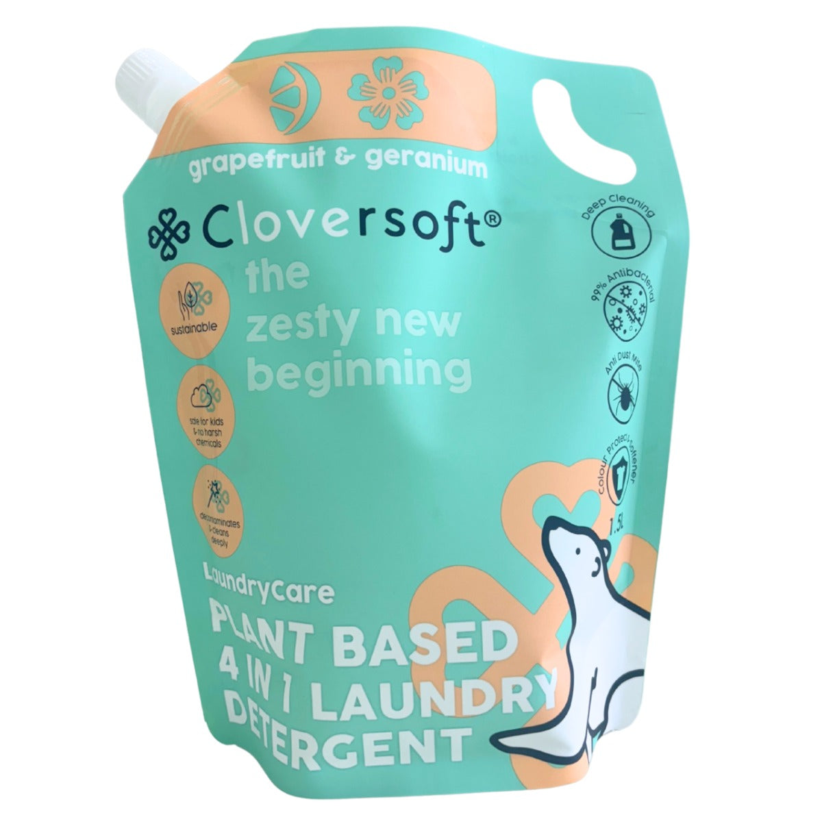 Cloversoft Plant-based 4-in-1 Laundry Detergent, 1.5L Refill Bag - Grapefruit & Granium (Exp 11/27)