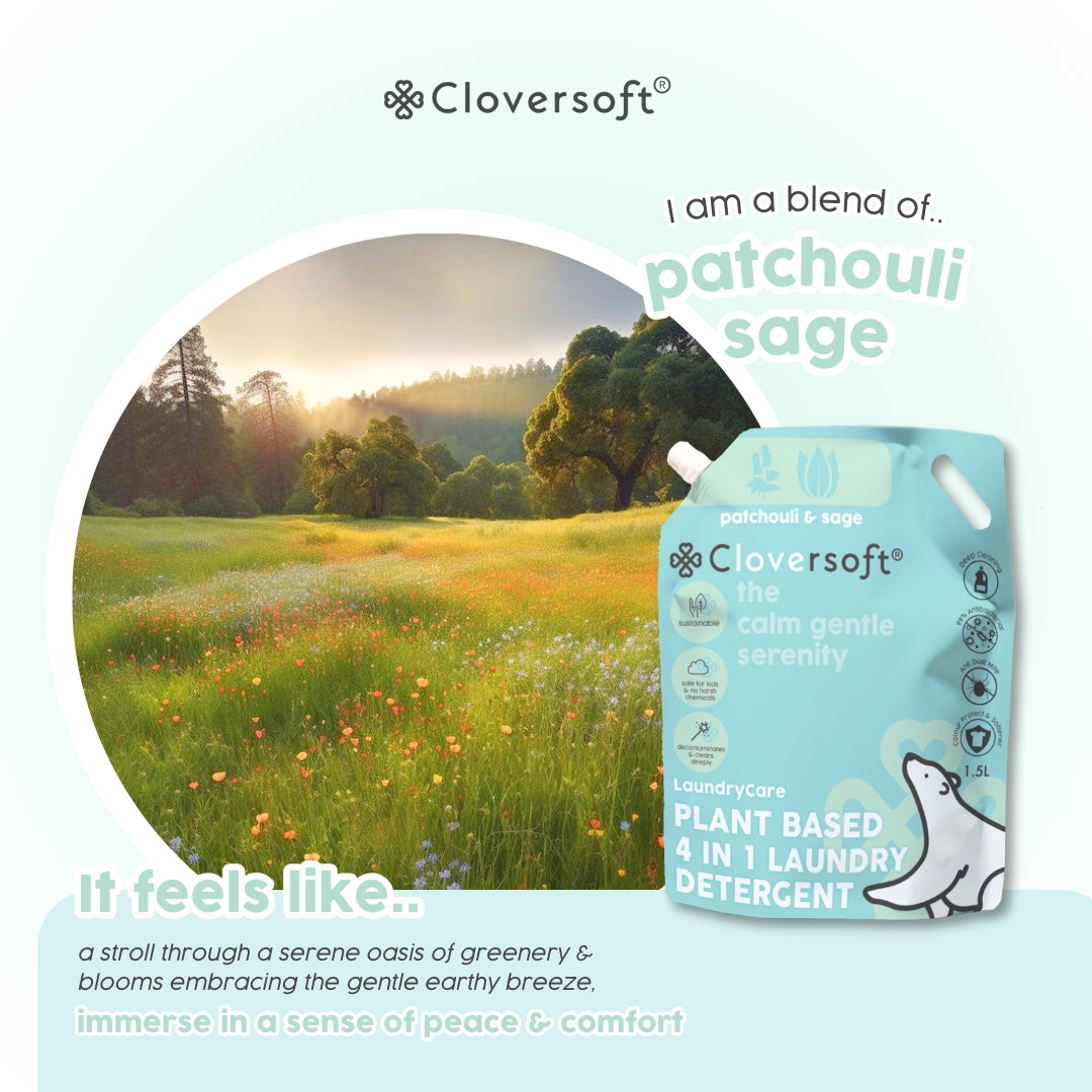 Cloversoft Plant-based 4-in-1 Laundry Detergent, 1.5L Refill Bag - Patchouli & Sage (Exp 11/27)
