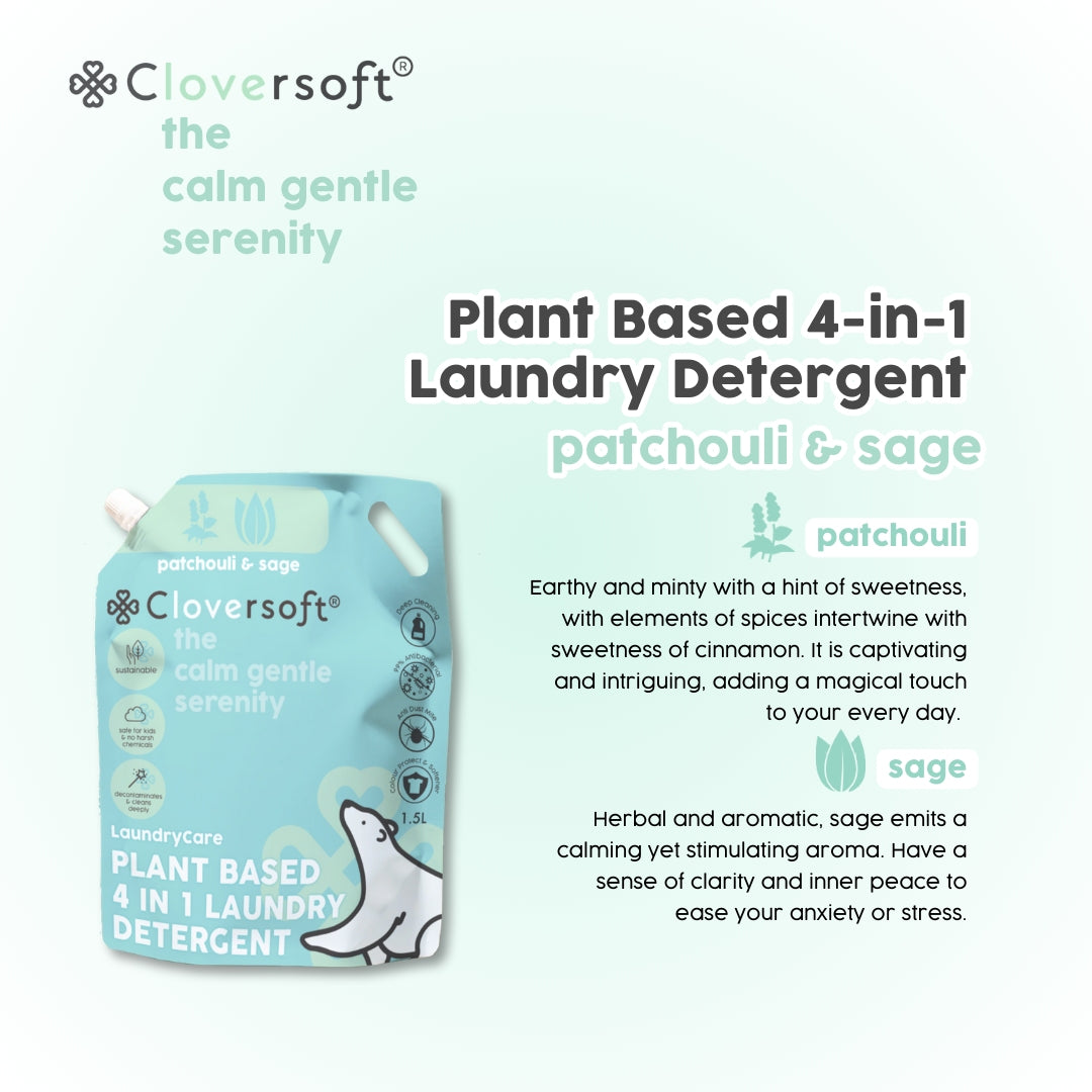 Cloversoft Plant-based 4-in-1 Laundry Detergent, 1.5L Refill Bag - Patchouli & Sage (Exp 11/27)