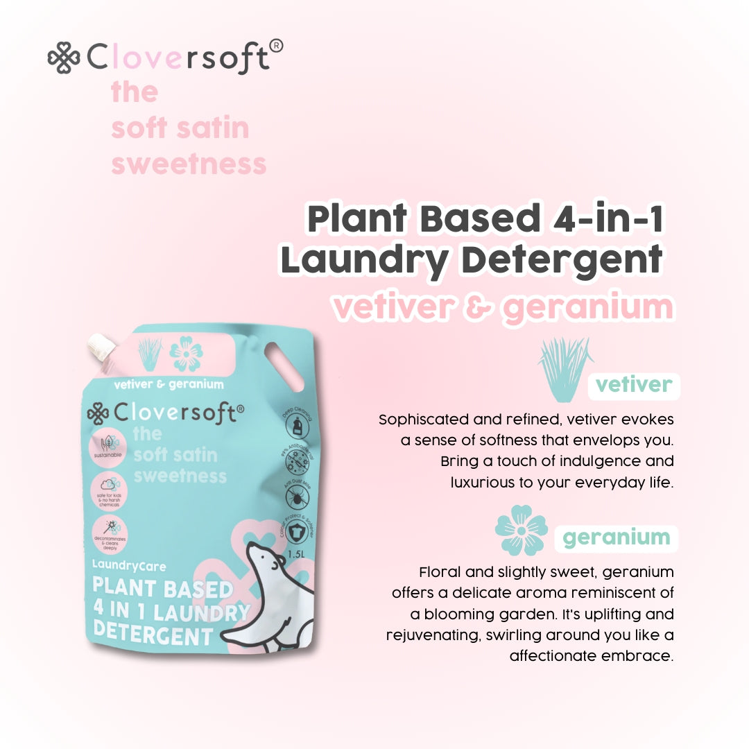 Cloversoft Plant-based 4-in-1 Laundry Detergent, 1.5L Refill Bag - Vetiver & Geranium (Exp 03/28)